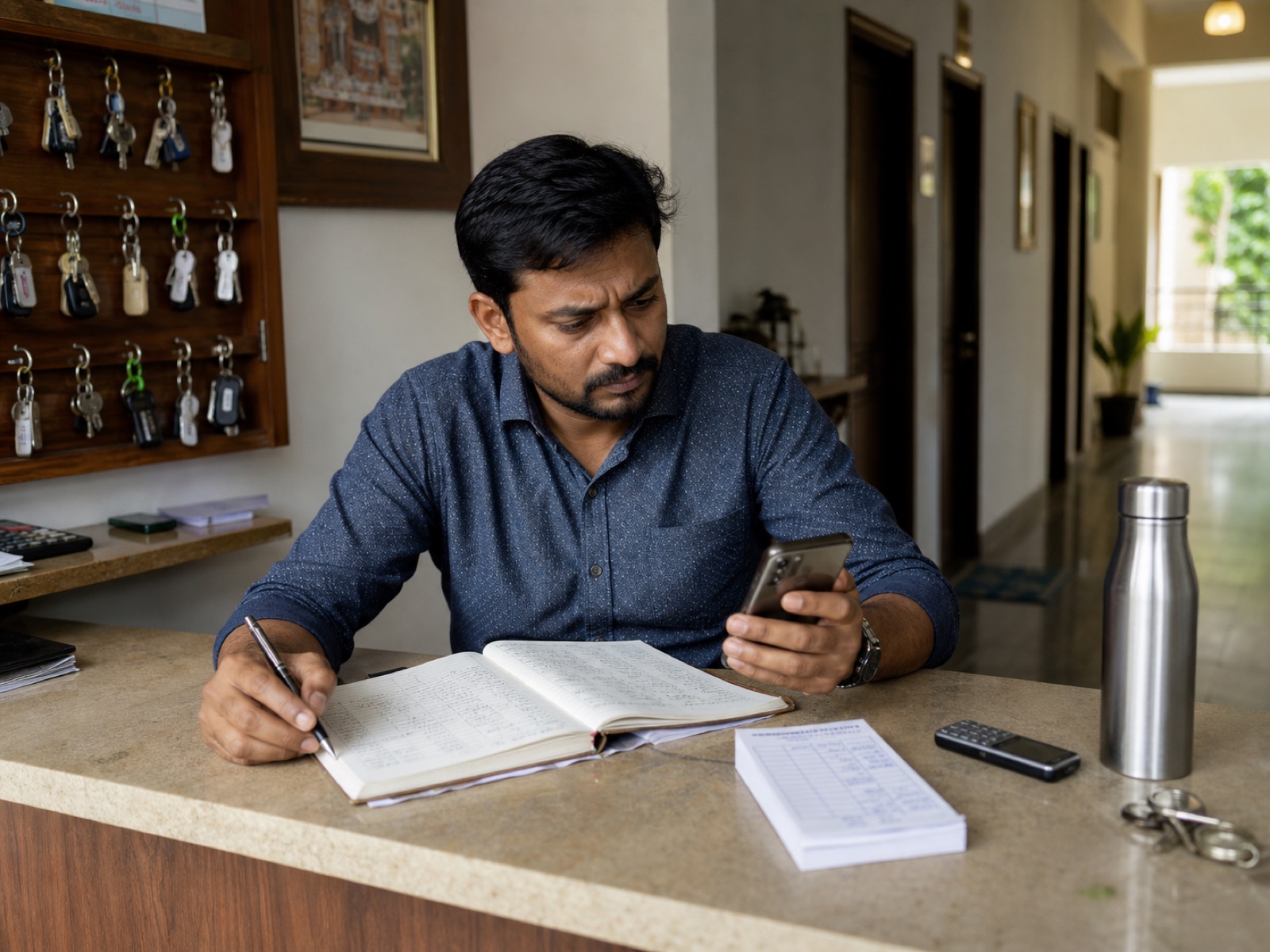 Property owner juggling a paper ledger and phone before using EasyAavaas