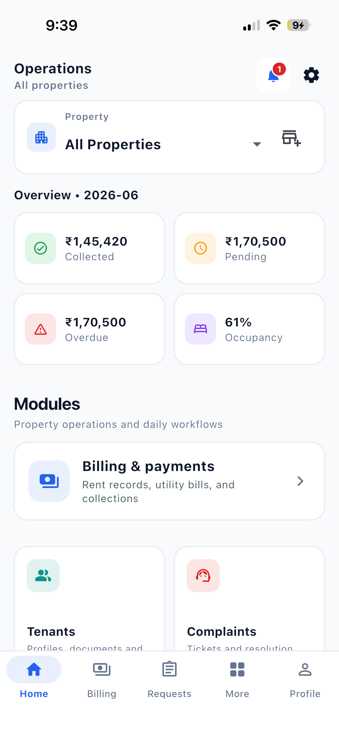 EasyAavaas owner dashboard showing rent records, pending dues and bed occupancy